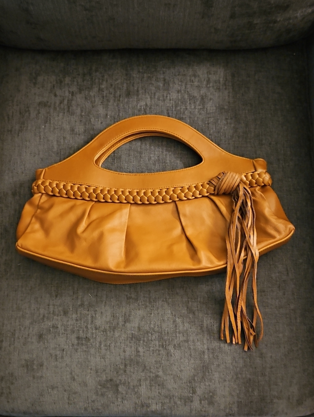 Vtg NEWPORT NEWS 1994 Light Brown Braided Fringe Leather Clutch Bag - Picture 2 of 9